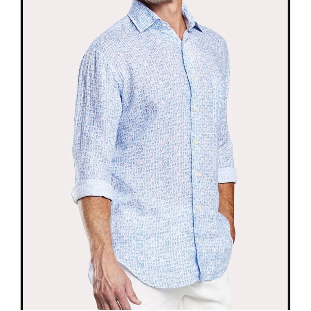 Men's Peter Millar Crown XXL 100% Linen Cocktails Pink Blue Design Button Down